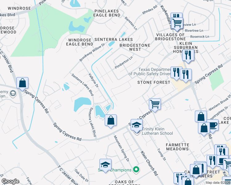 map of restaurants, bars, coffee shops, grocery stores, and more near 19307 Camellia Bend Circle in Spring