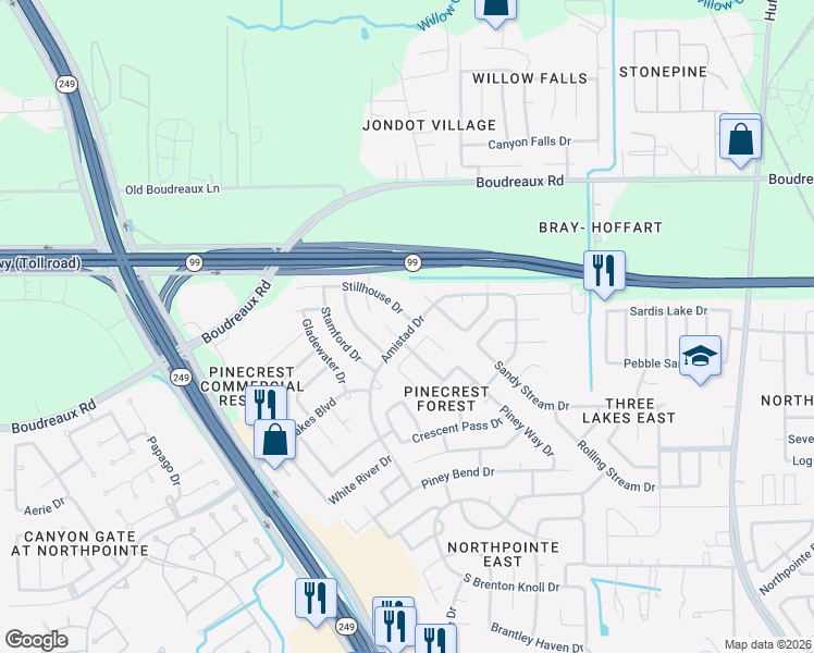 map of restaurants, bars, coffee shops, grocery stores, and more near 19403 Stillhouse Drive in Tomball