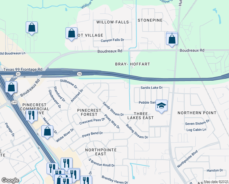 map of restaurants, bars, coffee shops, grocery stores, and more near 19714 Fawns Crossing Drive in Tomball