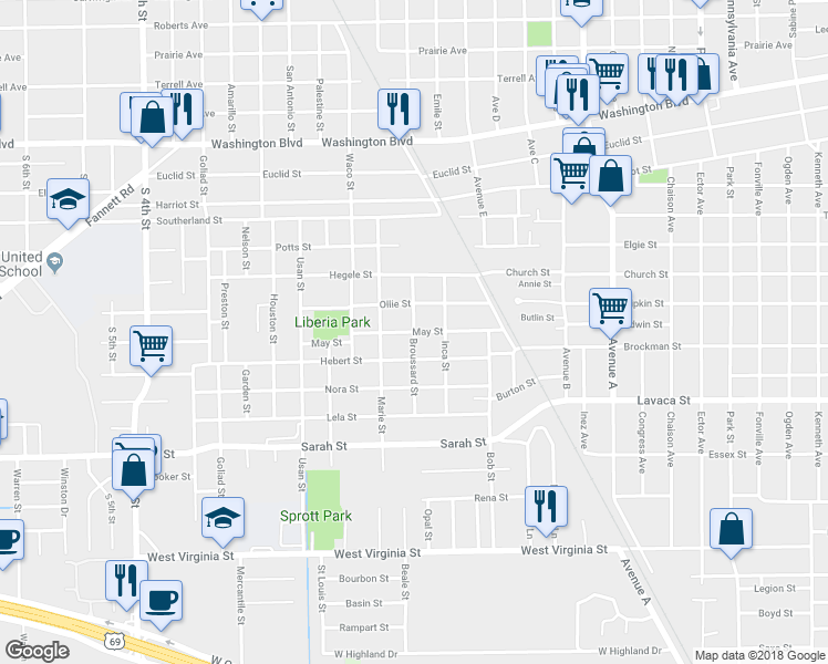 map of restaurants, bars, coffee shops, grocery stores, and more near 1999 May Street in Beaumont