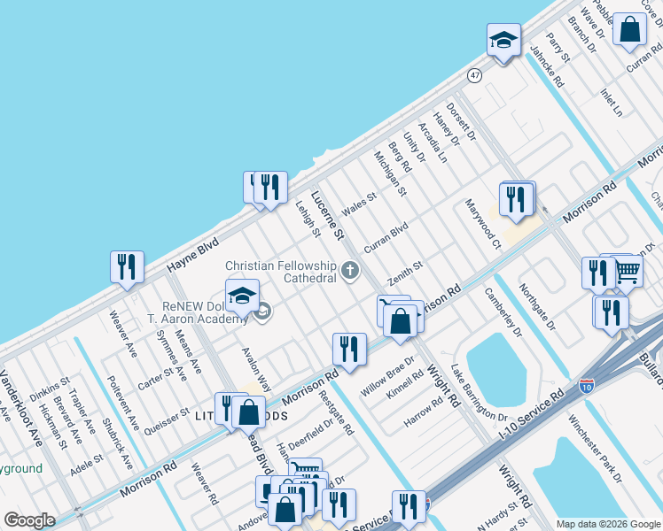 map of restaurants, bars, coffee shops, grocery stores, and more near 10937 Curran Road in New Orleans