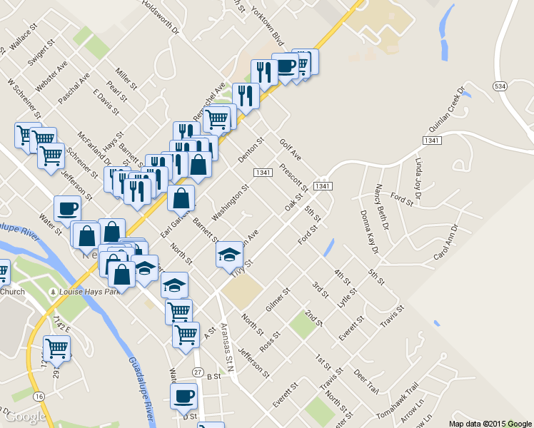 map of restaurants, bars, coffee shops, grocery stores, and more near 949 Myrta Street in Kerrville