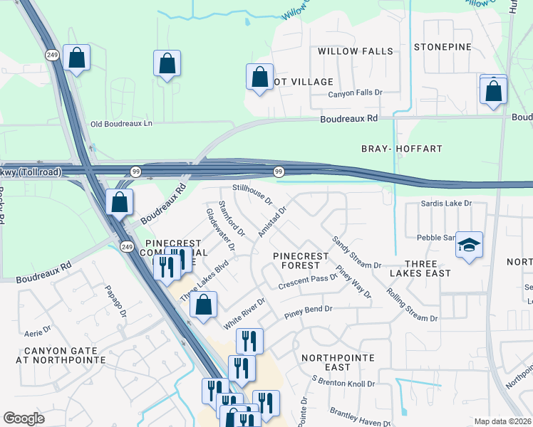 map of restaurants, bars, coffee shops, grocery stores, and more near 19403 Stillhouse Drive in Tomball