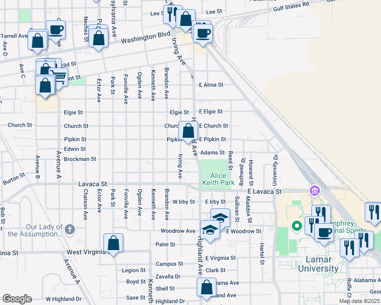 map of restaurants, bars, coffee shops, grocery stores, and more near 3870 Highland Avenue in Beaumont