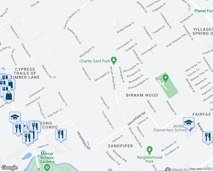 map of restaurants, bars, coffee shops, grocery stores, and more near 4231 Burkegate Drive in Spring