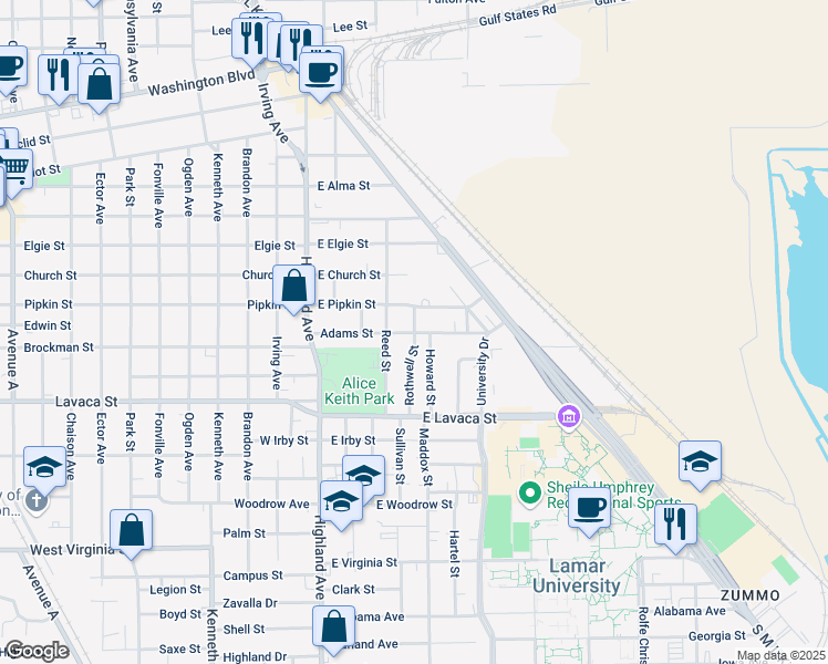 map of restaurants, bars, coffee shops, grocery stores, and more near 3798 Rothwell Street in Beaumont