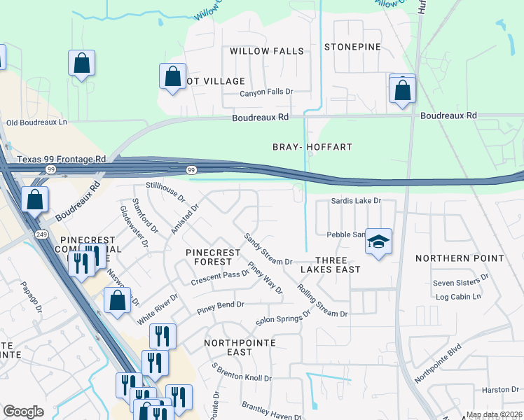 map of restaurants, bars, coffee shops, grocery stores, and more near 19702 Fawns Crossing Drive in Tomball