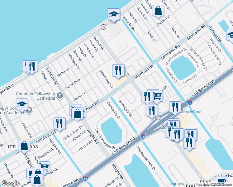map of restaurants, bars, coffee shops, grocery stores, and more near 7430 Northgate Drive in New Orleans