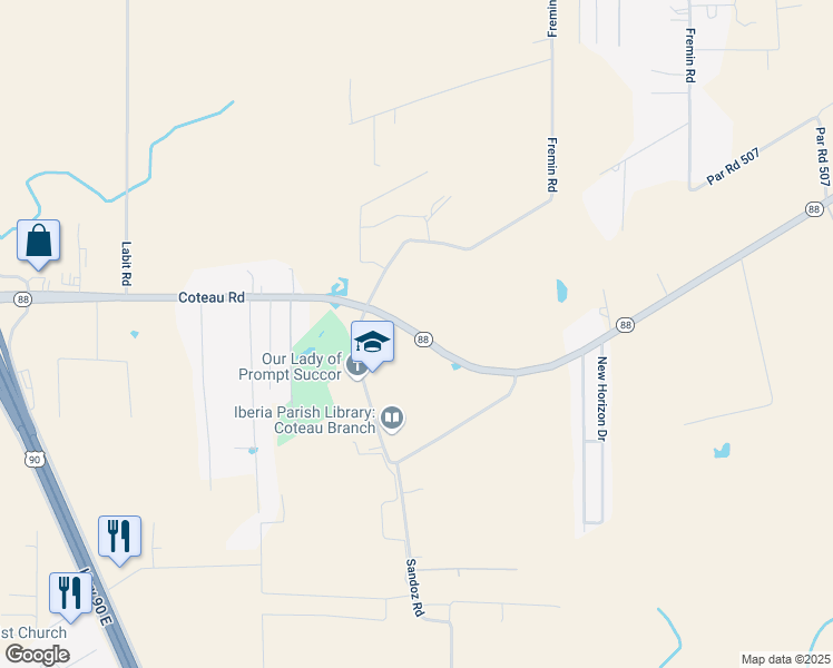 map of restaurants, bars, coffee shops, grocery stores, and more near 3215 Coteau Road in New Iberia