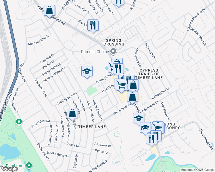 map of restaurants, bars, coffee shops, grocery stores, and more near 2803 Forestbrook Drive in Spring