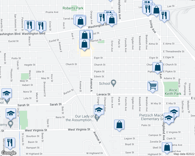 map of restaurants, bars, coffee shops, grocery stores, and more near 1375 Edwin Street in Beaumont