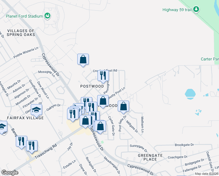 map of restaurants, bars, coffee shops, grocery stores, and more near 23114 Bright Star Road in Spring