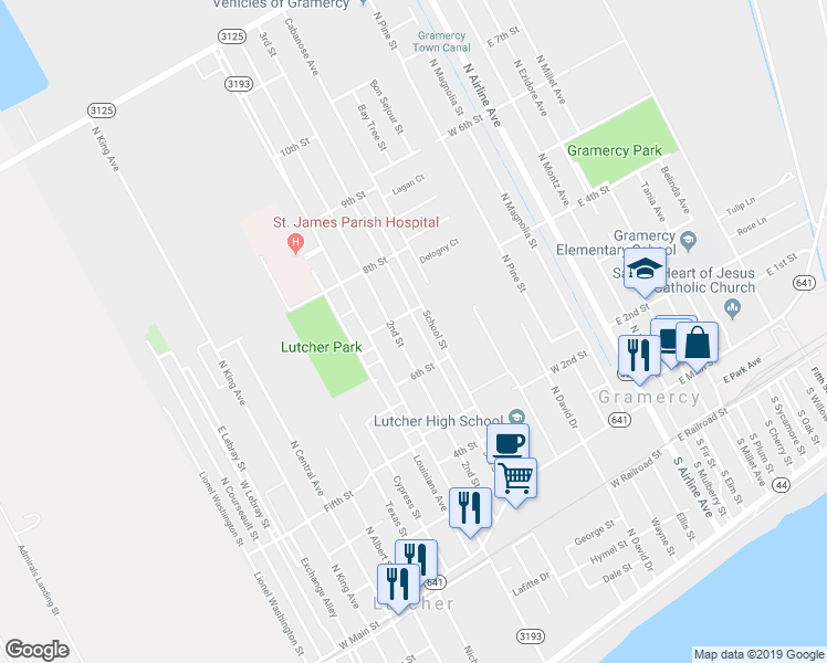 map of restaurants, bars, coffee shops, grocery stores, and more near 1507 3rd Street in Lutcher