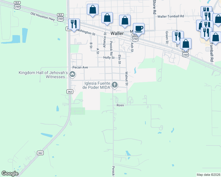 map of restaurants, bars, coffee shops, grocery stores, and more near 107 Penick Road in Waller