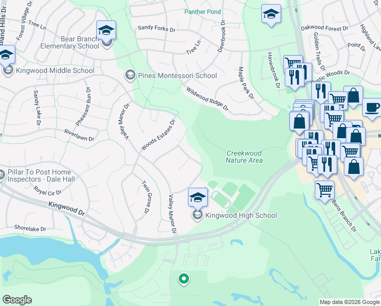 map of restaurants, bars, coffee shops, grocery stores, and more near 2618 Royal Trail Drive in Humble