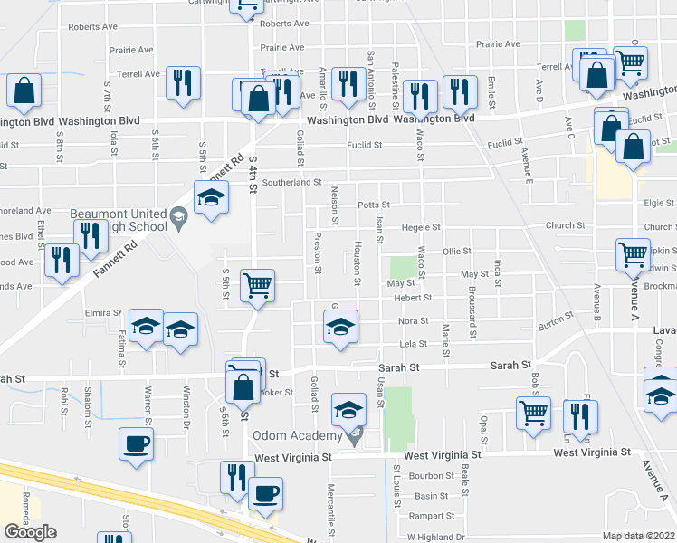 map of restaurants, bars, coffee shops, grocery stores, and more near 3715 Hebert Alley in Beaumont