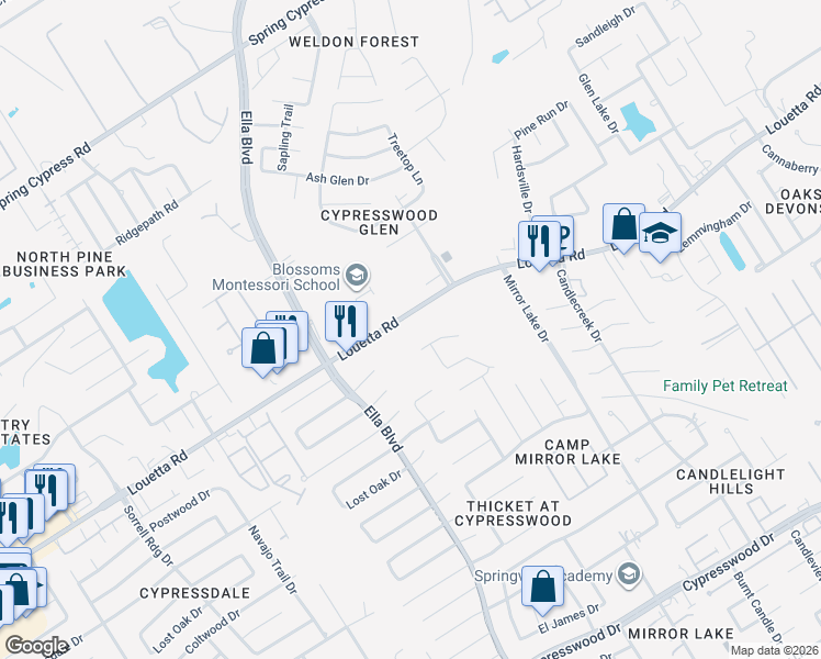 map of restaurants, bars, coffee shops, grocery stores, and more near 3527 Louetta Road in Spring