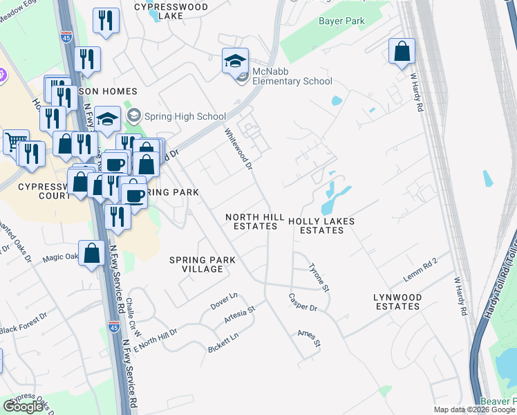 map of restaurants, bars, coffee shops, grocery stores, and more near 19331 Whitewood Drive in Spring