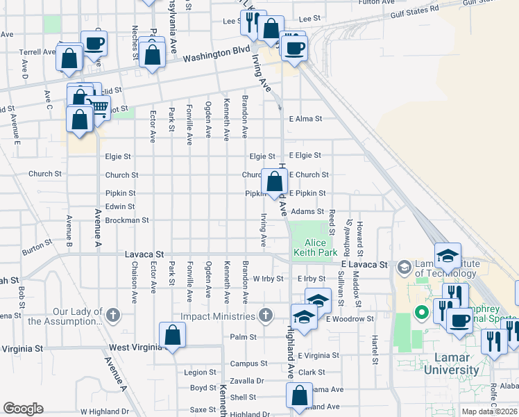 map of restaurants, bars, coffee shops, grocery stores, and more near 3870 Irving Avenue in Beaumont