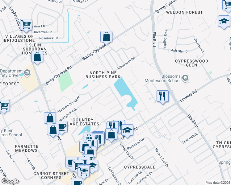 map of restaurants, bars, coffee shops, grocery stores, and more near 19510 Lakeside View Drive in Spring