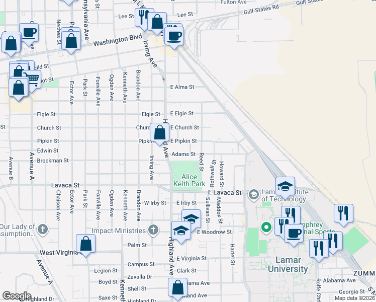 map of restaurants, bars, coffee shops, grocery stores, and more near 230 Adams Street in Beaumont