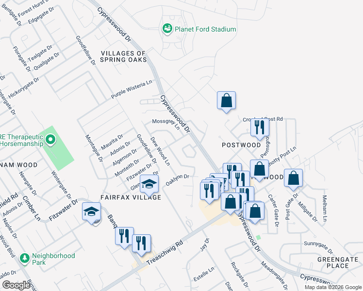 map of restaurants, bars, coffee shops, grocery stores, and more near 23214 Calico Corners Lane in Spring