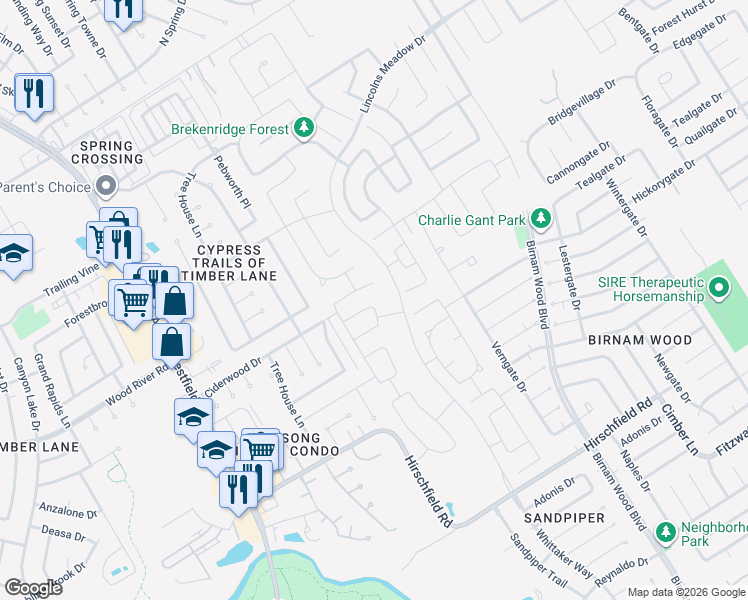 map of restaurants, bars, coffee shops, grocery stores, and more near 3223 Ciderwood Drive in Spring