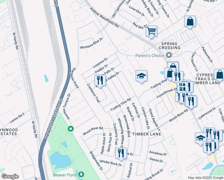 map of restaurants, bars, coffee shops, grocery stores, and more near 23435 Bayleaf Drive in Spring