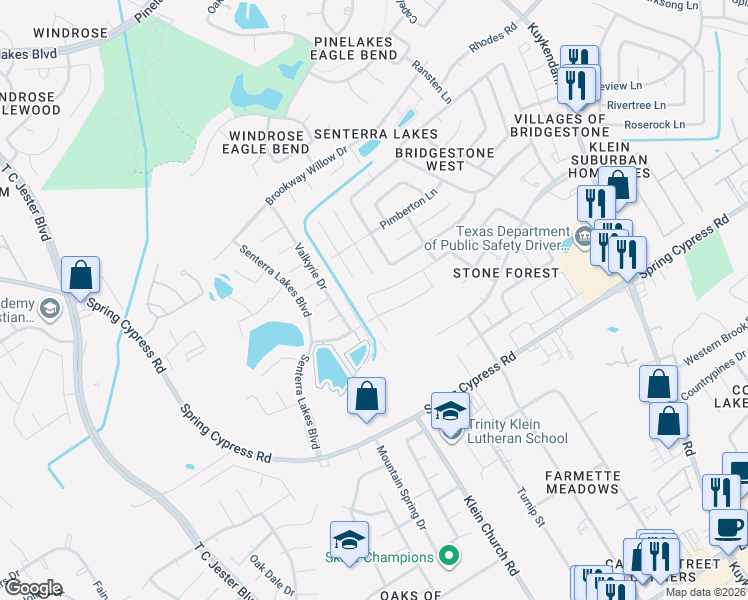 map of restaurants, bars, coffee shops, grocery stores, and more near 19307 Camellia Bend Circle in Spring