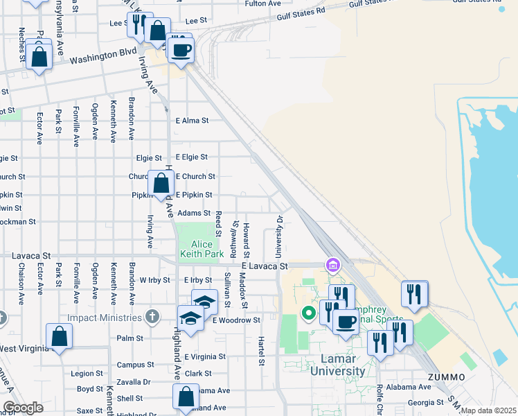 map of restaurants, bars, coffee shops, grocery stores, and more near 695 Adams Street in Beaumont