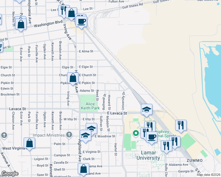 map of restaurants, bars, coffee shops, grocery stores, and more near 520 Adams Street in Beaumont