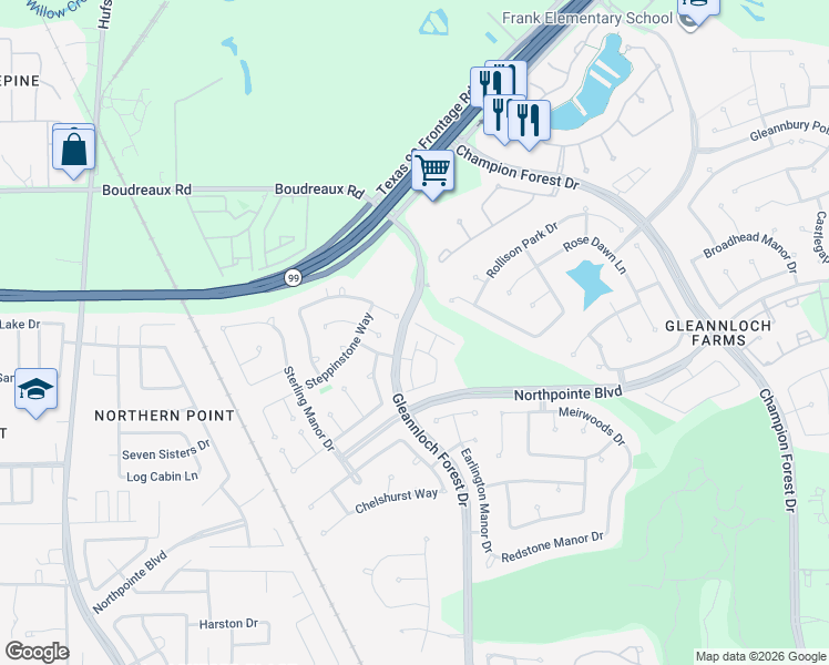 map of restaurants, bars, coffee shops, grocery stores, and more near 1608 Grable Cove Lane in Spring