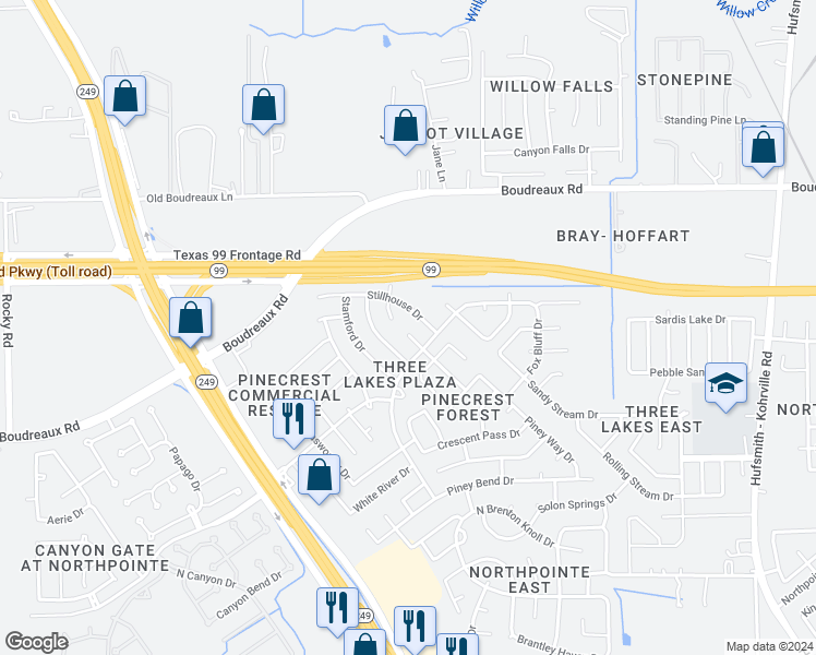 map of restaurants, bars, coffee shops, grocery stores, and more near 19418 Navaro Mills Drive in Tomball