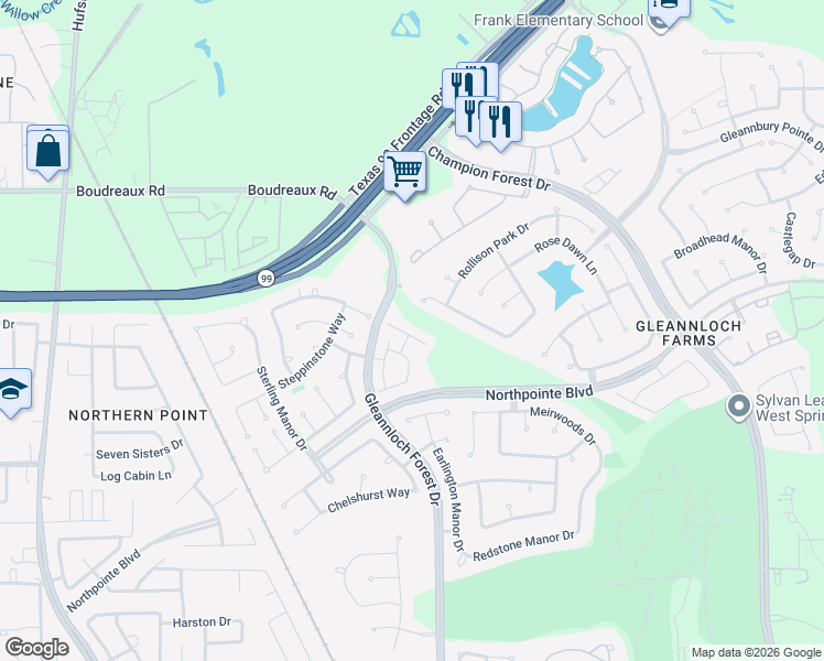 map of restaurants, bars, coffee shops, grocery stores, and more near 1624 Grable Cove Lane in Spring