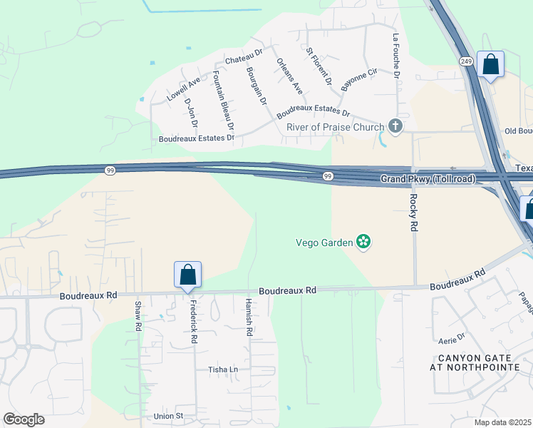 map of restaurants, bars, coffee shops, grocery stores, and more near 19200 Hamish Road in Tomball