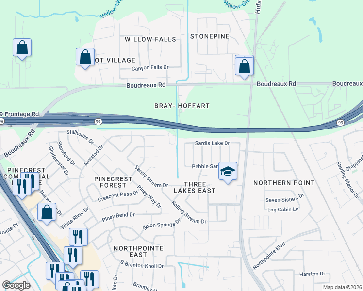 map of restaurants, bars, coffee shops, grocery stores, and more near 19811 Shores Edge Drive in Tomball