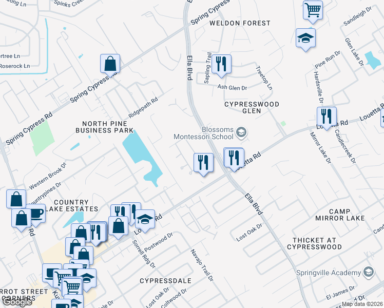 map of restaurants, bars, coffee shops, grocery stores, and more near 19307 Puget Lane in Spring