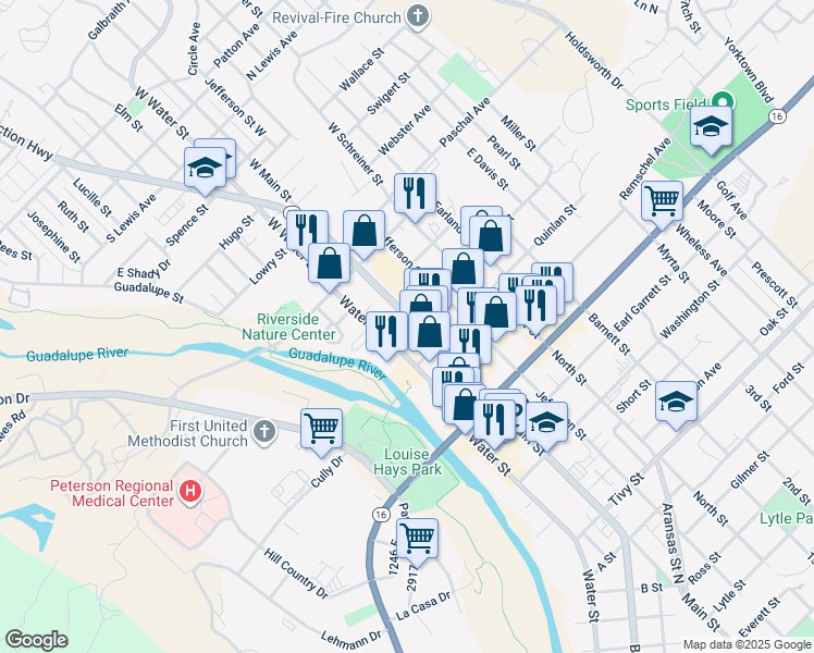 map of restaurants, bars, coffee shops, grocery stores, and more near 408 Water Street in Kerrville