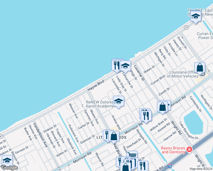 map of restaurants, bars, coffee shops, grocery stores, and more near 8030 Lacombe Street in New Orleans