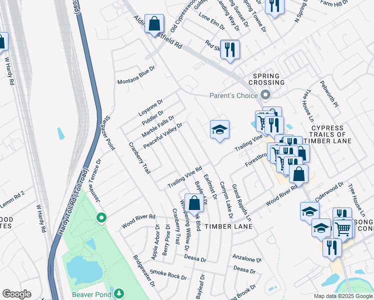 map of restaurants, bars, coffee shops, grocery stores, and more near 23418 Earlmist Drive in Spring