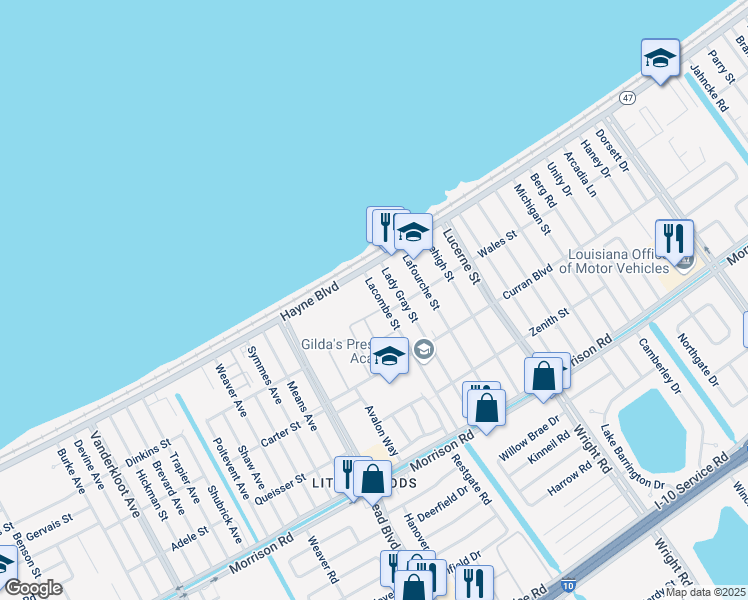 map of restaurants, bars, coffee shops, grocery stores, and more near 8030 Lacombe Street in New Orleans