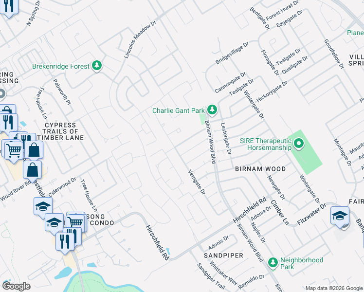 map of restaurants, bars, coffee shops, grocery stores, and more near 4210 Mossygate Drive in Spring