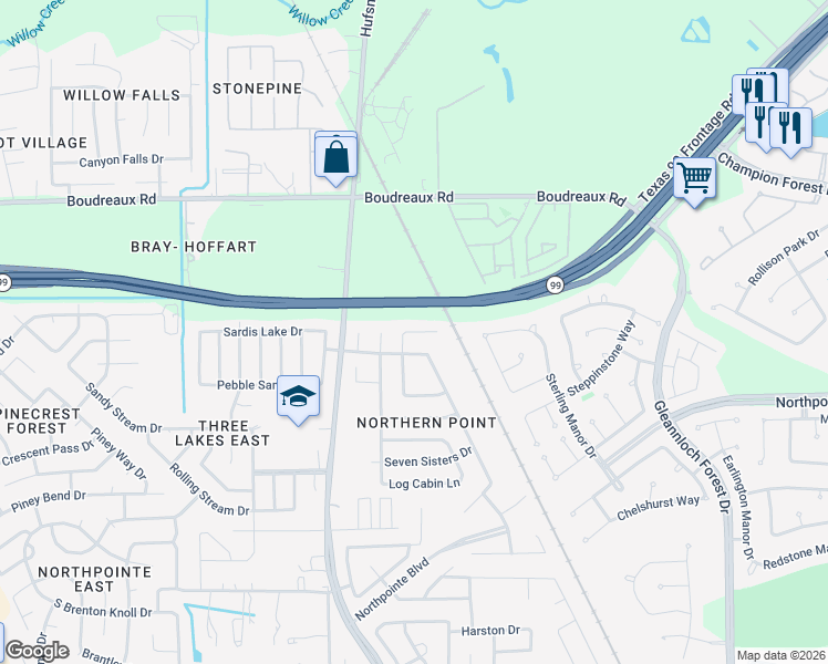 map of restaurants, bars, coffee shops, grocery stores, and more near Cabbot Cove Court in Tomball