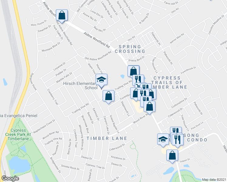 map of restaurants, bars, coffee shops, grocery stores, and more near 2712 Trailing Vine Road in Spring