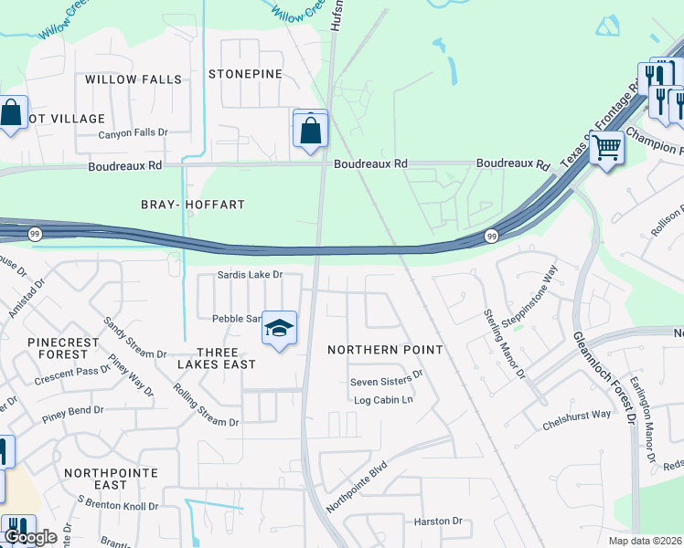 map of restaurants, bars, coffee shops, grocery stores, and more near 19802 Rippling Brook Lane in Tomball