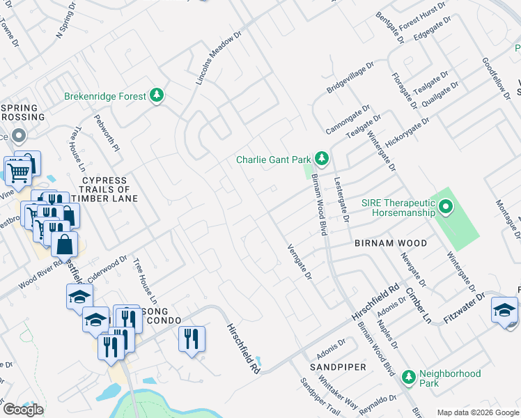 map of restaurants, bars, coffee shops, grocery stores, and more near 23731 Verngate Drive in Spring