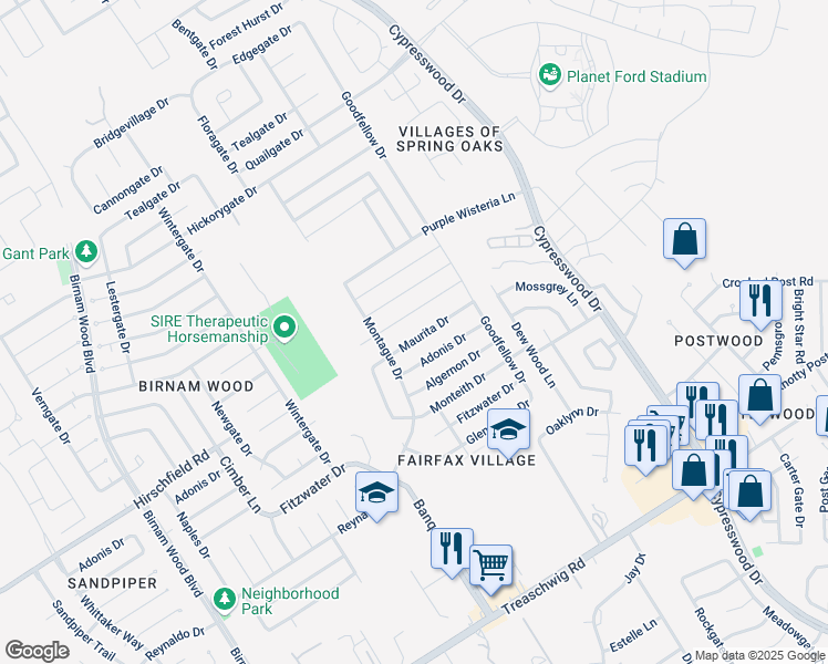 map of restaurants, bars, coffee shops, grocery stores, and more near 4911 Maurita Drive in Spring