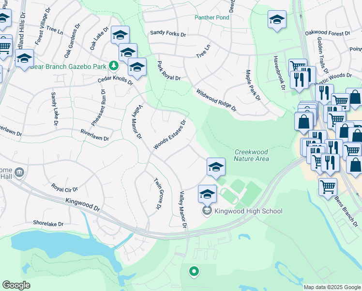 map of restaurants, bars, coffee shops, grocery stores, and more near 2807 Rocky Woods Drive in Houston
