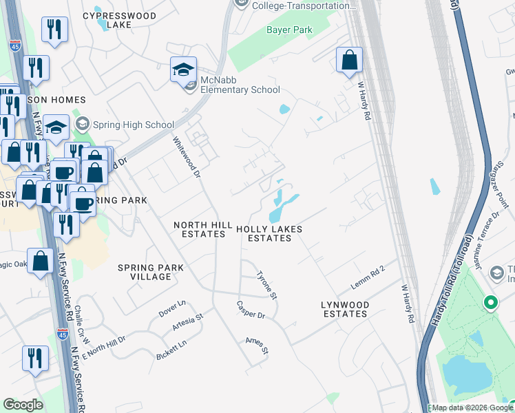 map of restaurants, bars, coffee shops, grocery stores, and more near 2 Holly Tree Lane in Spring