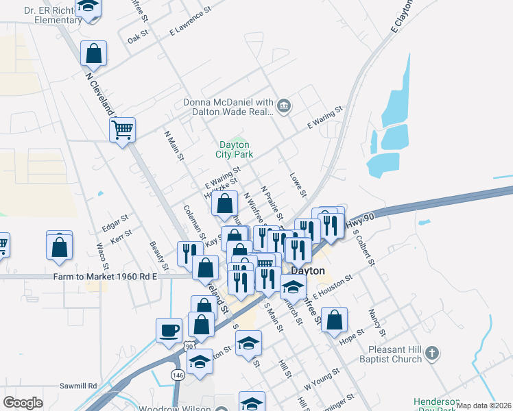 map of restaurants, bars, coffee shops, grocery stores, and more near 302 East Kay Street in Dayton